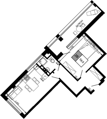 Планировка — Гостиничный комплекс Мореград, 2-комн., 48 м²