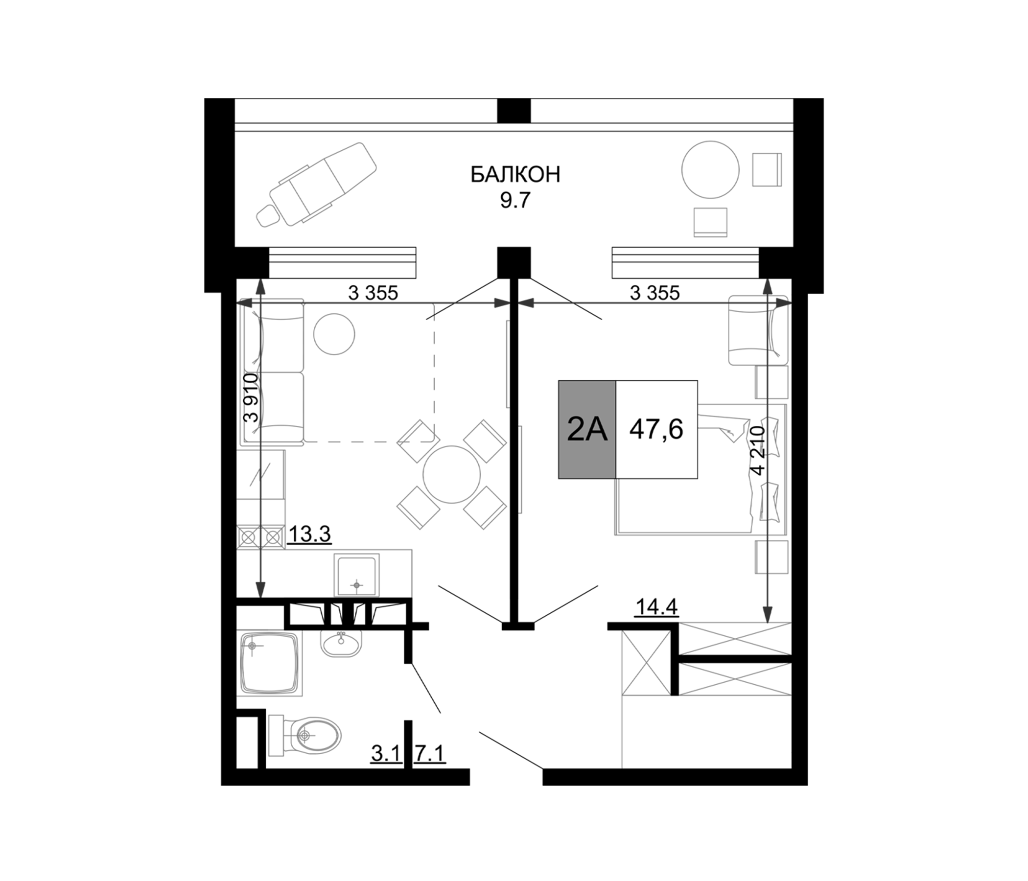 Планировка — Гостиничный комплекс Мореград, 2-комн., 38 м²