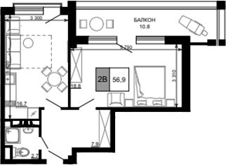 Планировка — Гостиничный комплекс Мореград, 2-комн., 46 м²