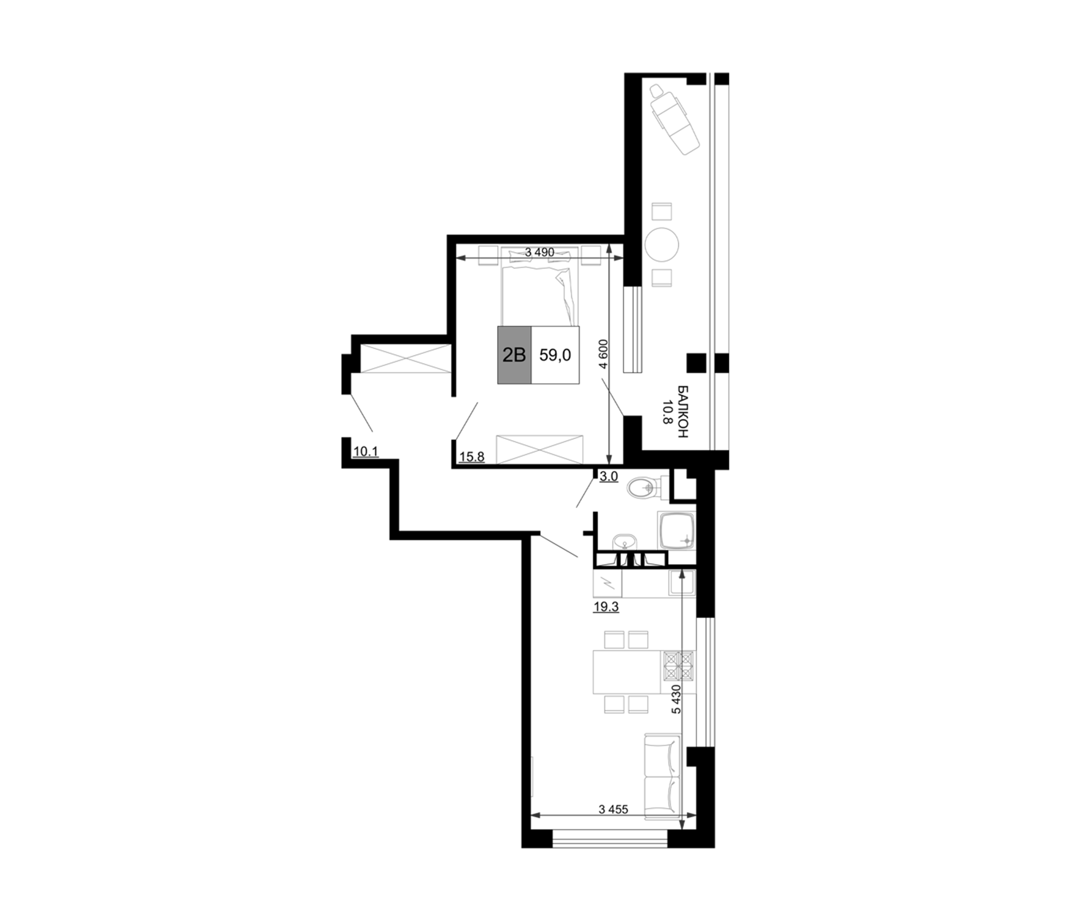 Планировка — Гостиничный комплекс Мореград, 2-комн., 48 м²