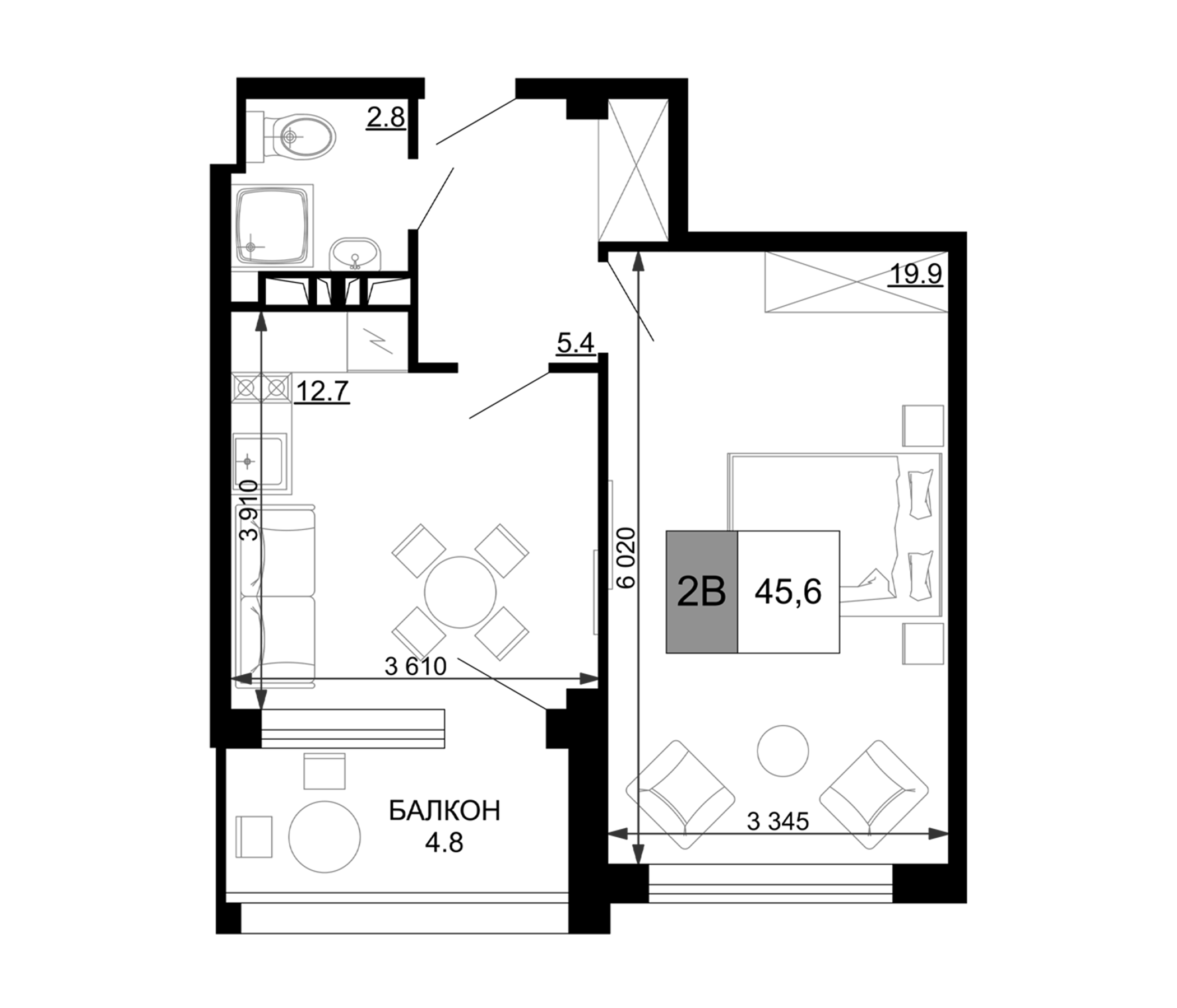 Планировка — Гостиничный комплекс Мореград, 2-комн., 41 м²