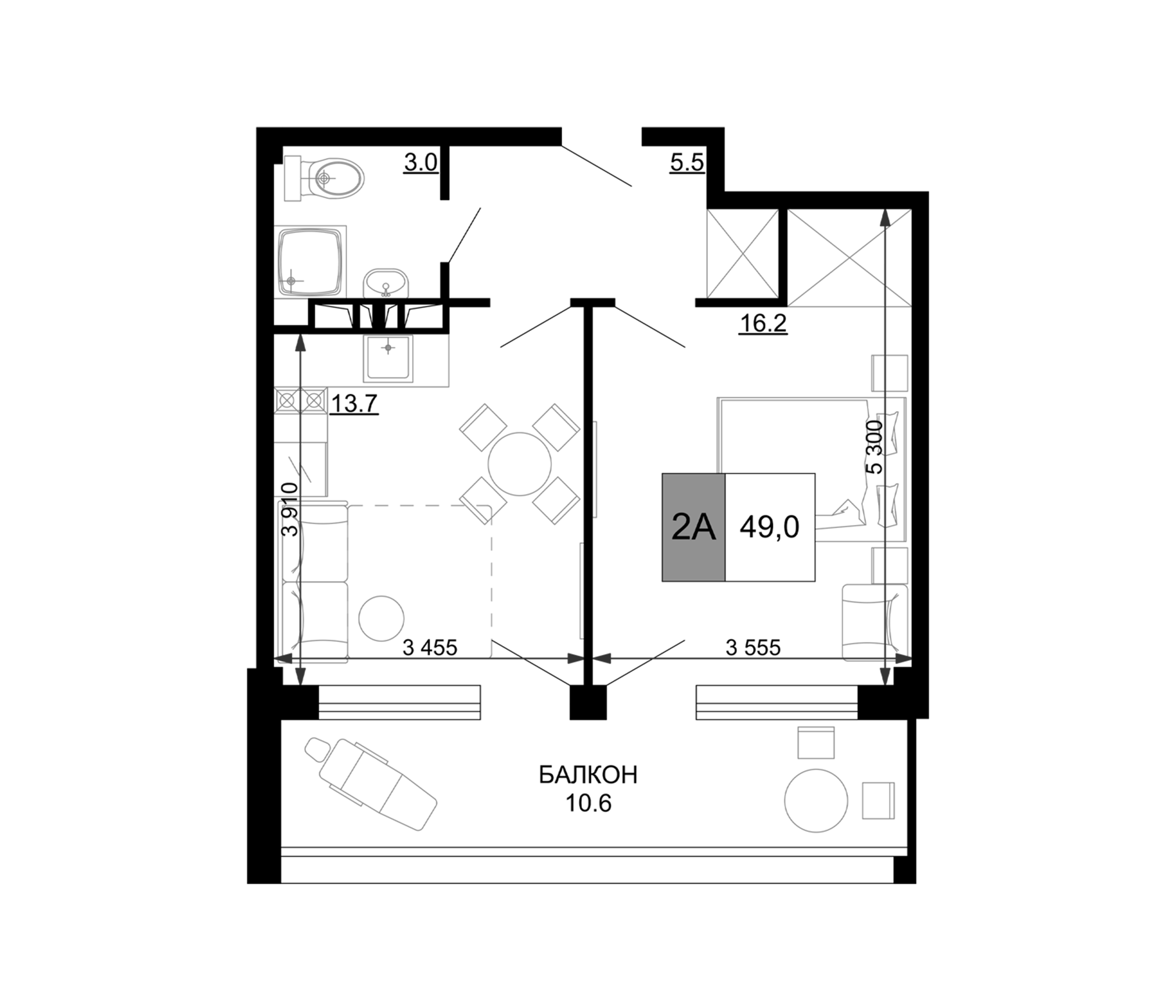 Планировка — Гостиничный комплекс Мореград, 2-комн., 38 м²
