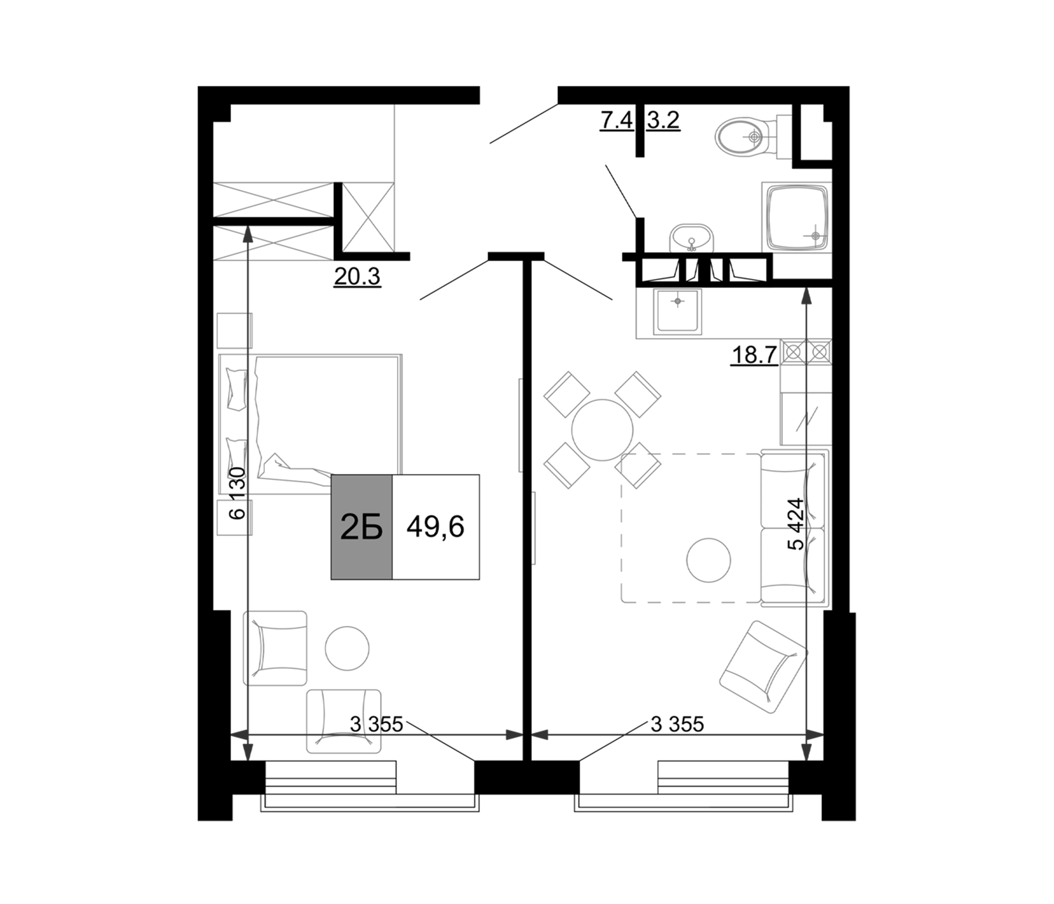 Планировка — Гостиничный комплекс Мореград, 2-комн., 50 м²