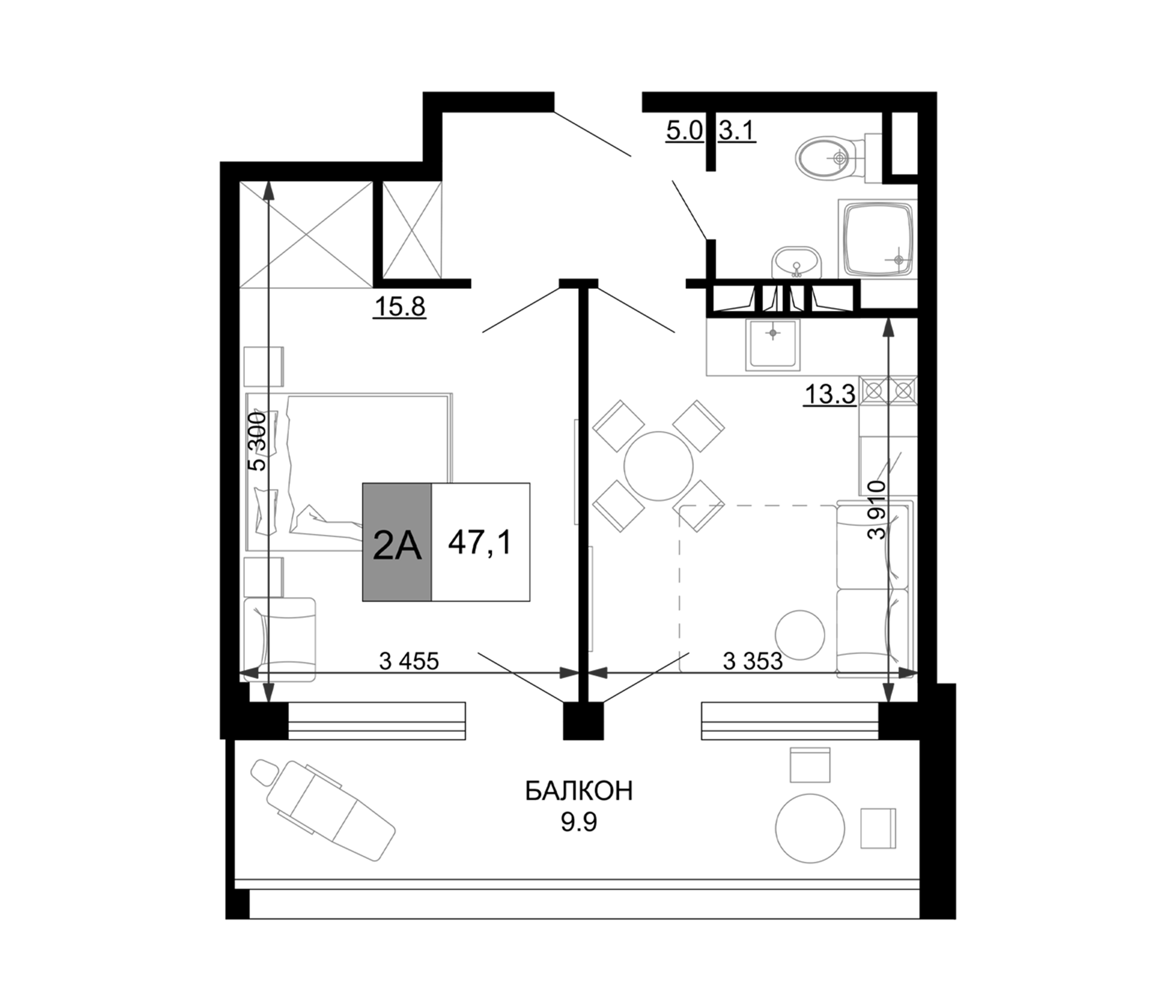 Планировка — Гостиничный комплекс Мореград, Студия, 37 м²