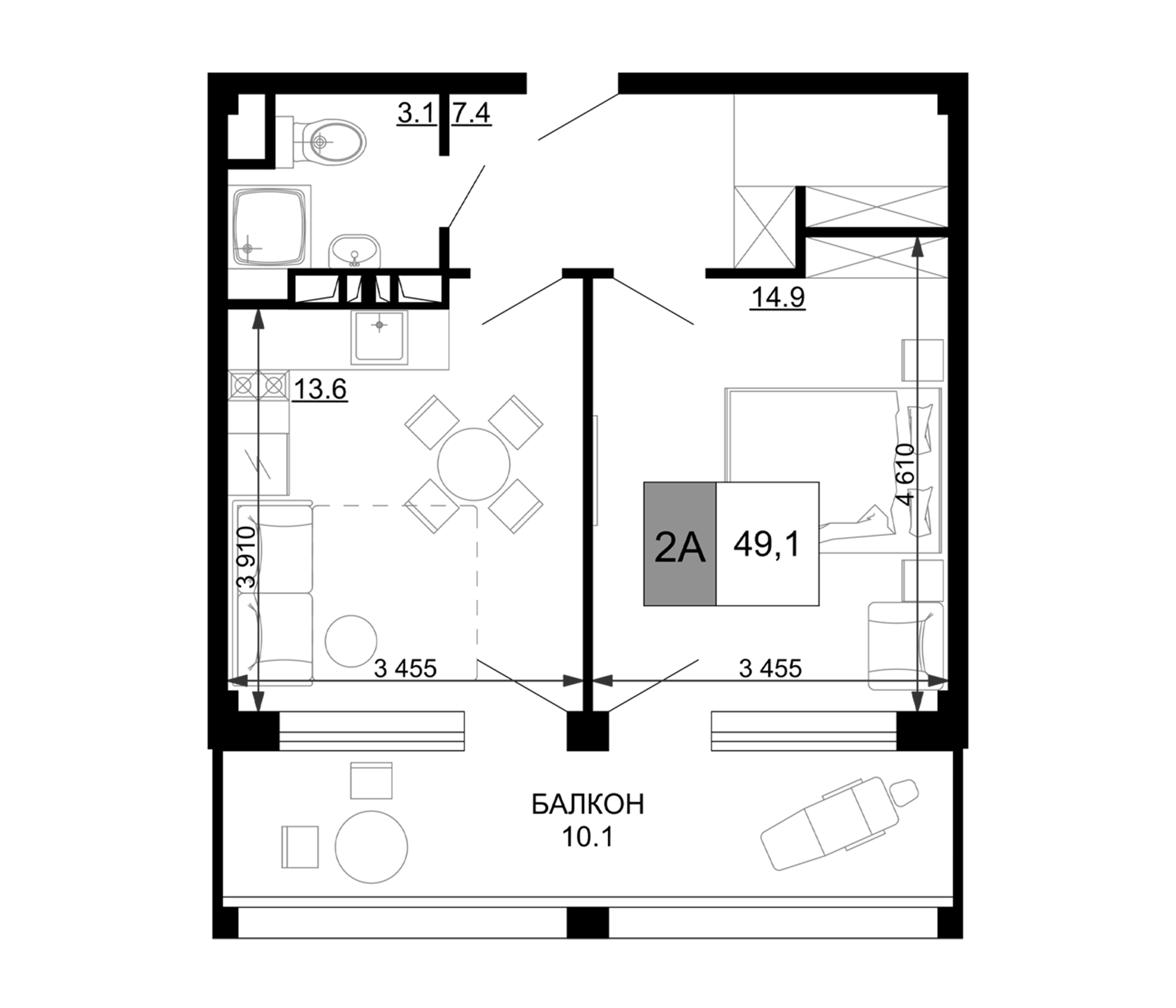 Планировка — Гостиничный комплекс Мореград, 2-комн., 39 м²