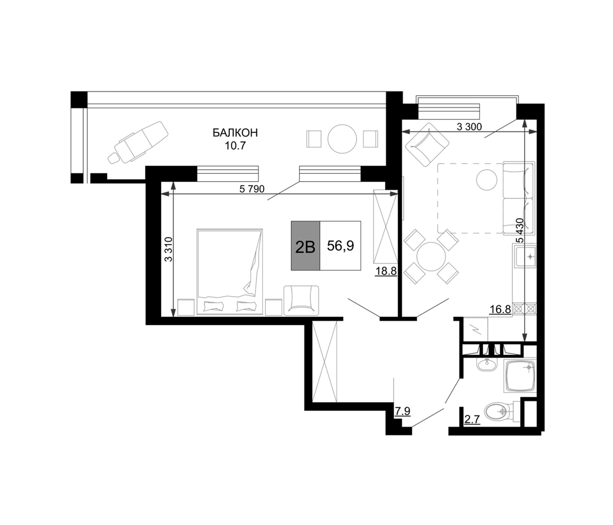 Планировка — Гостиничный комплекс Мореград, 2-комн., 46 м²