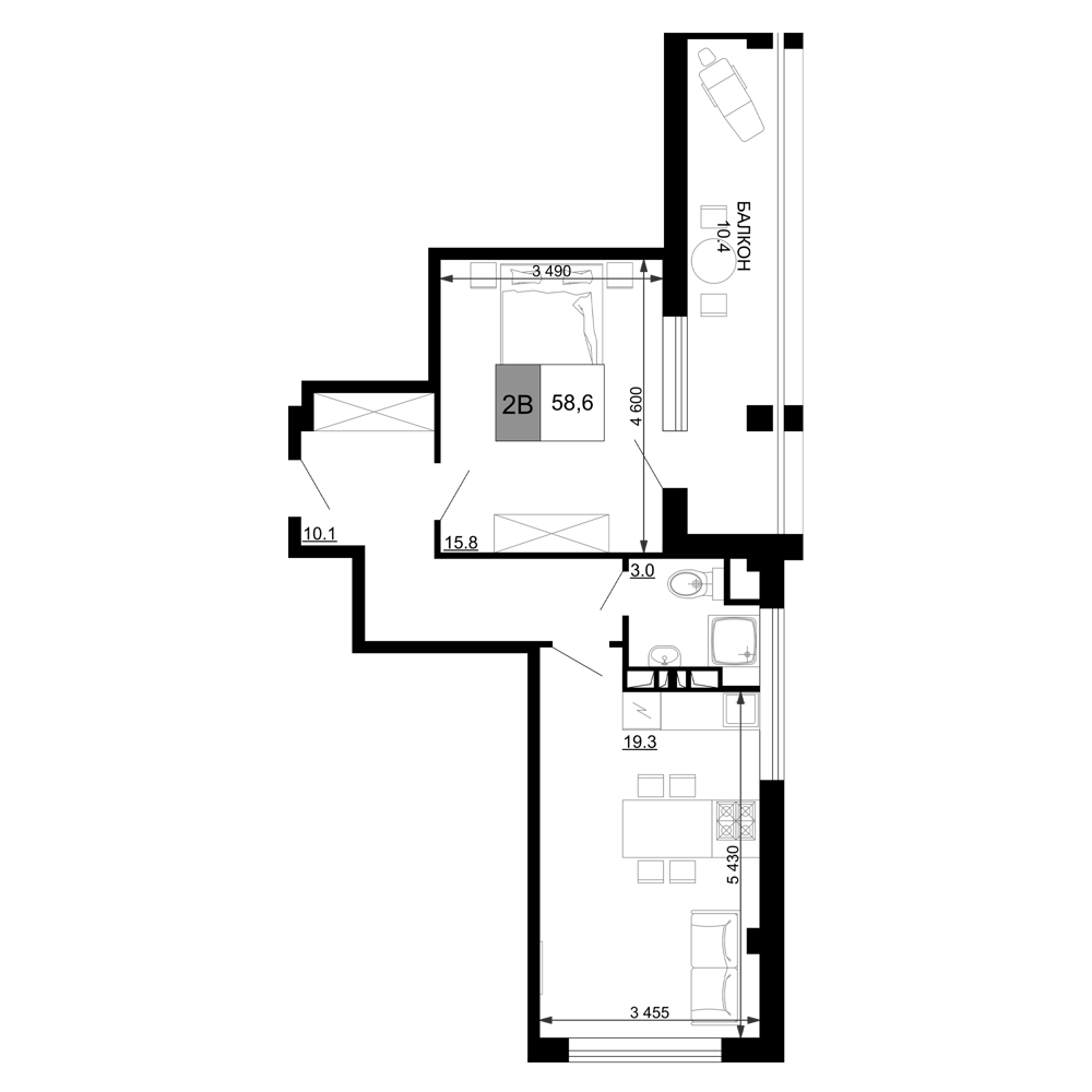 Планировка — Гостиничный комплекс Мореград, 2-комн., 48 м²