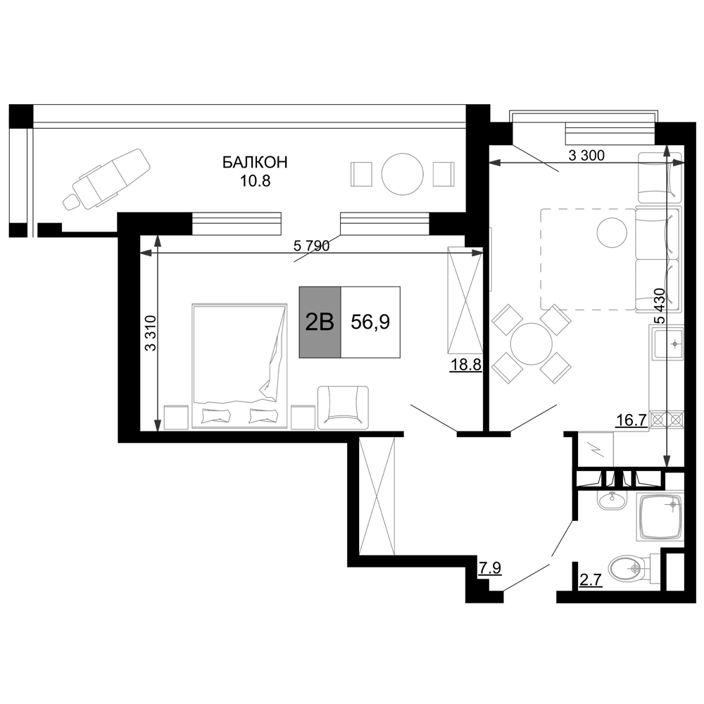 Планировка — Гостиничный комплекс Мореград, 2-комн., 46 м²