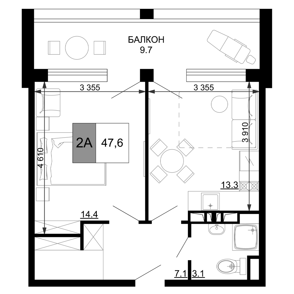 Планировка — Гостиничный комплекс Мореград, 2-комн., 38 м²