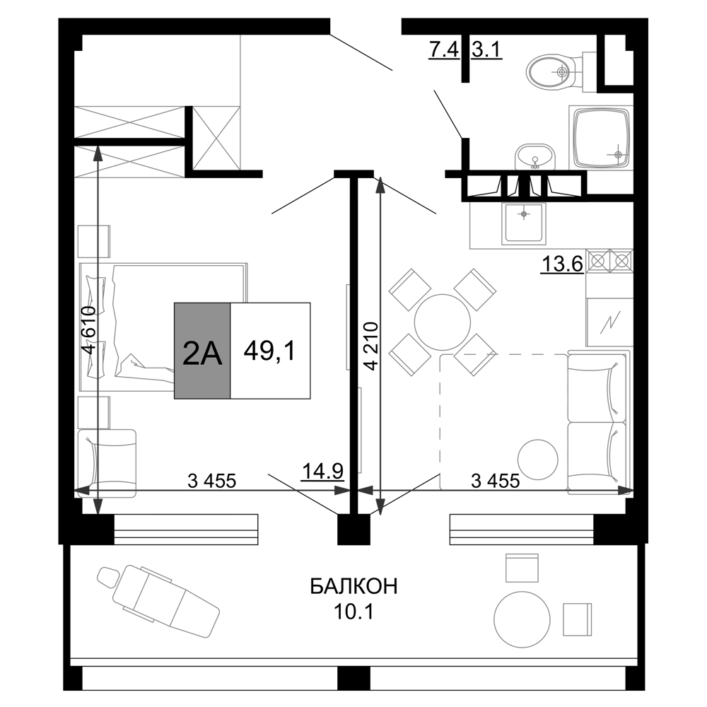 Планировка — Гостиничный комплекс Мореград, 2-комн., 39 м²