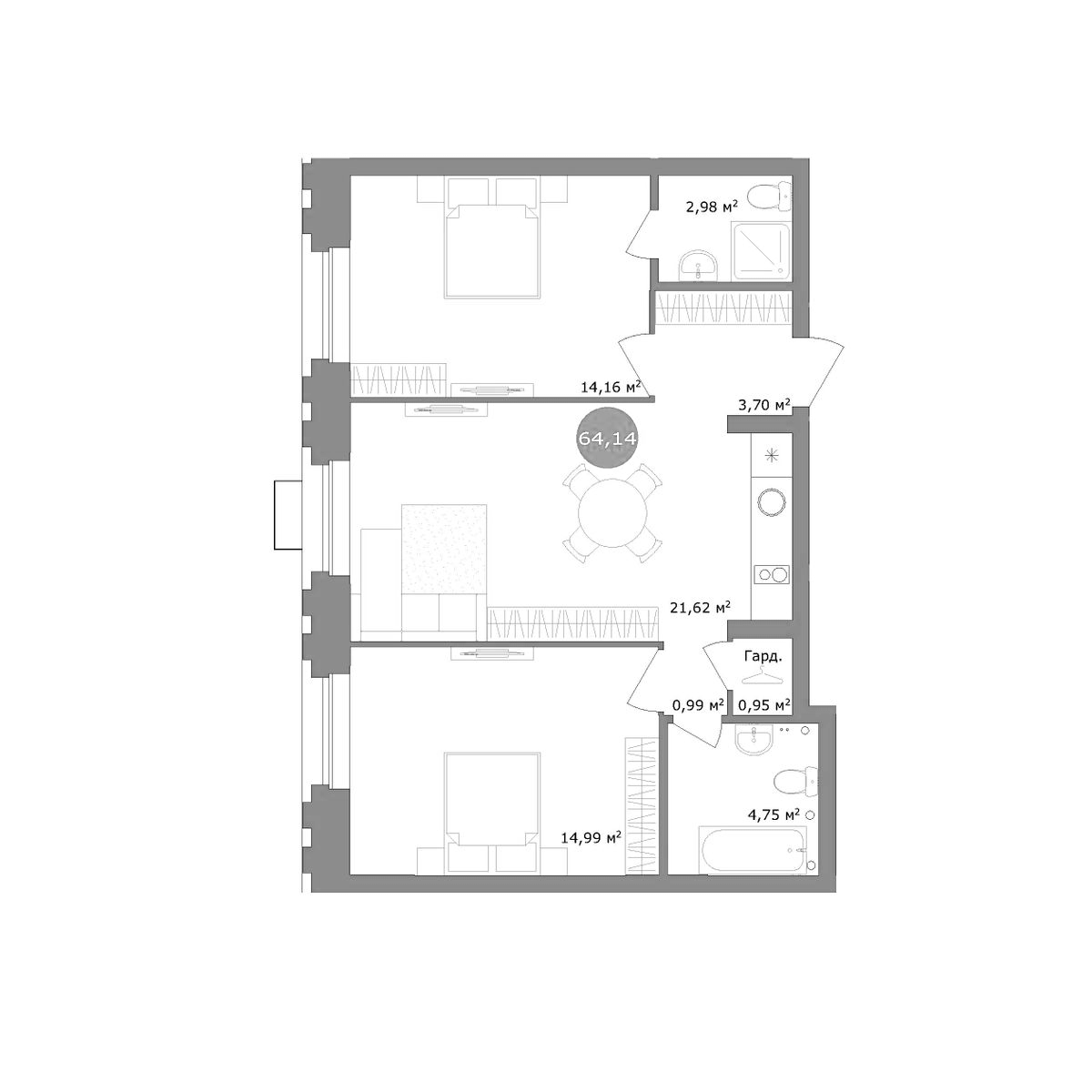 Планировка — 19/56 Кварталы Телецентра, 3-комн., 64 м²