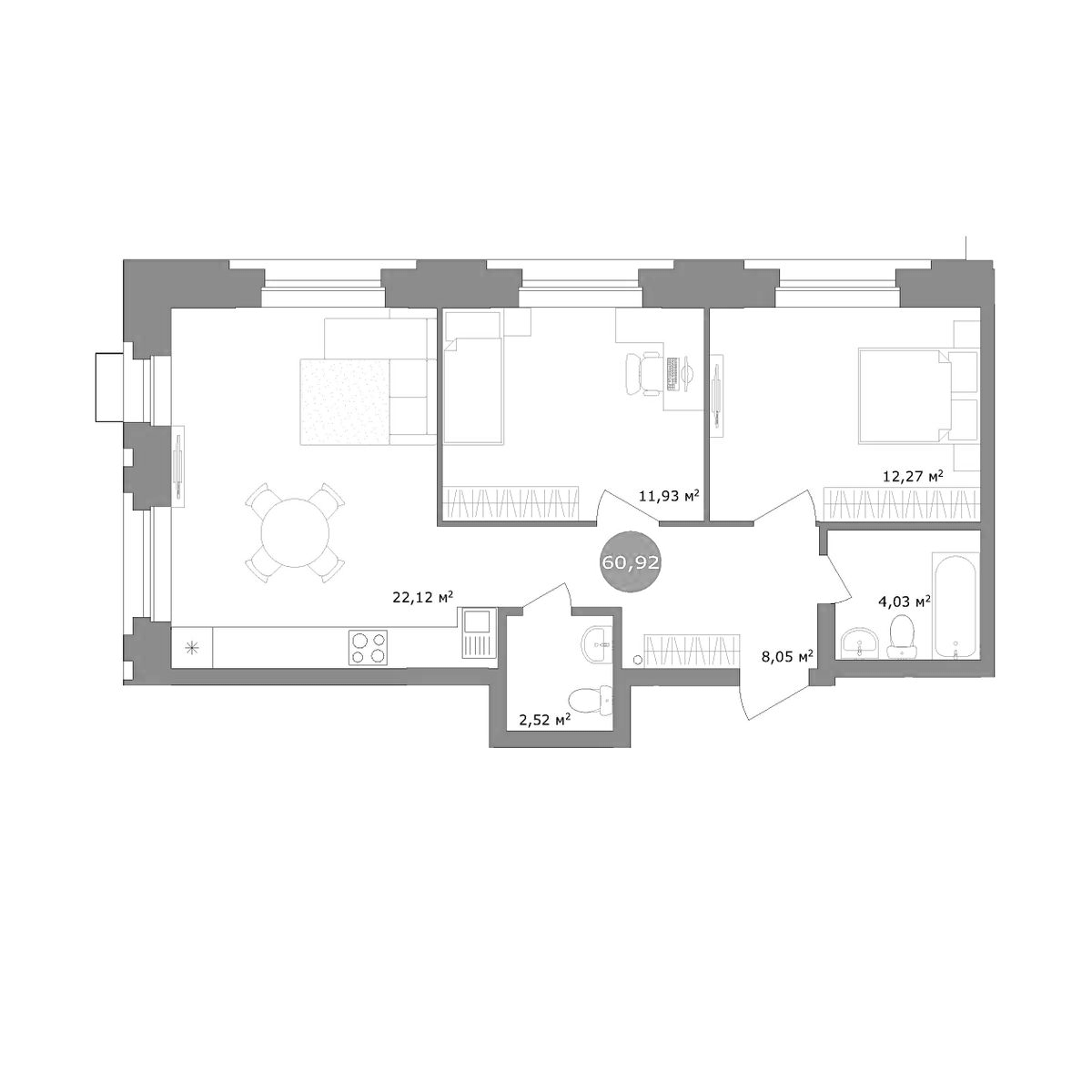 Планировка — 19/56 Кварталы Телецентра, 3-комн., 61 м²