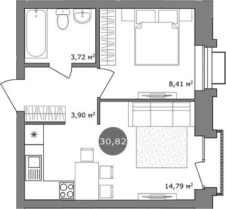 Планировка — 19/56 Кварталы Телецентра, 2-комн., 31 м²