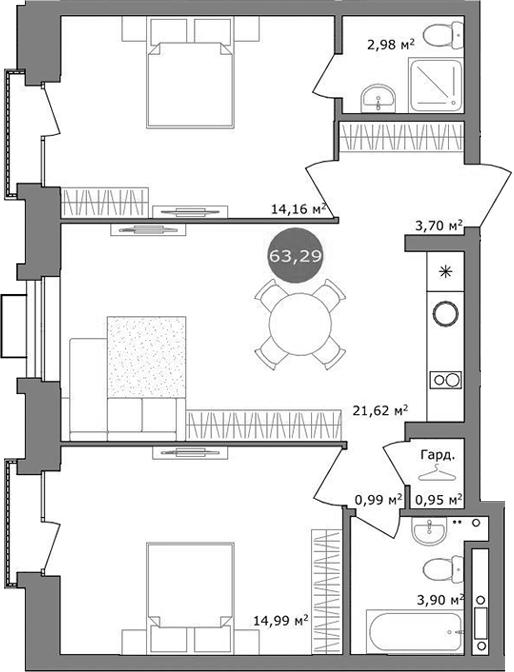 Планировка — 19/56 Кварталы Телецентра, 3-комн., 63 м²