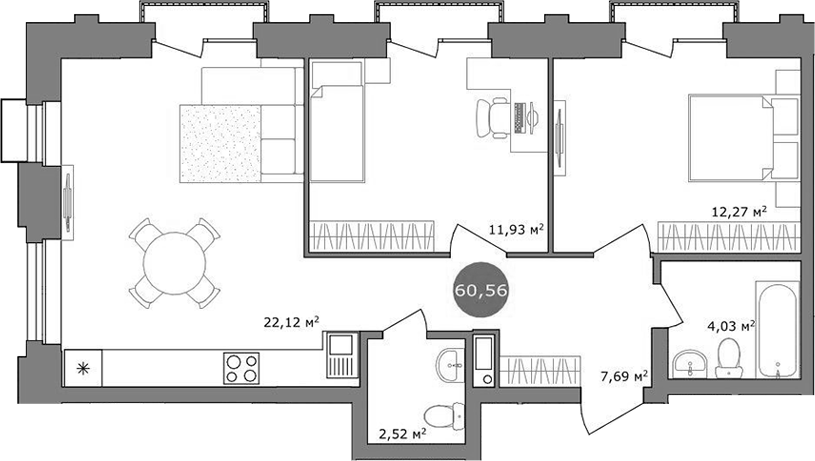 Планировка — 19/56 Кварталы Телецентра, 3-комн., 61 м²