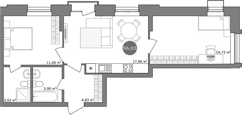 Планировка — 19/56 Кварталы Телецентра, 3-комн., 56 м²