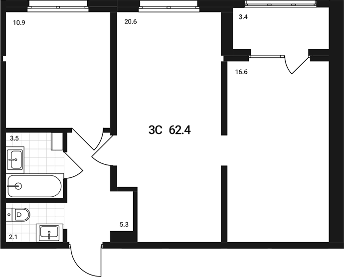 Планировка — Аэрополис, 3-комн., 59 м²