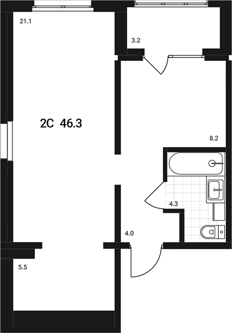 Планировка — Аэрополис, 2-комн., 43 м²