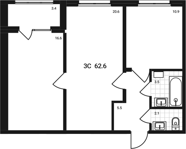Планировка — Аэрополис, 3-комн., 59 м²