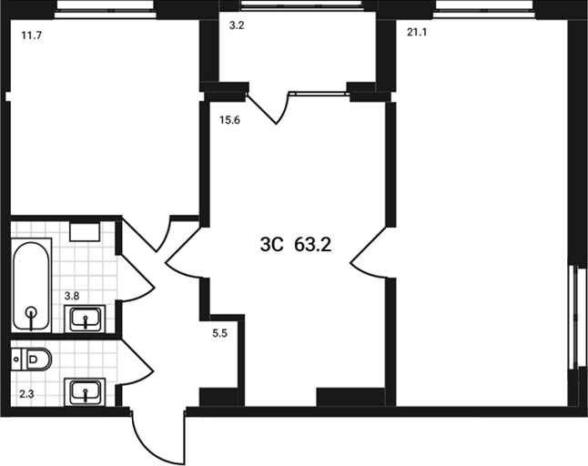 Планировка — Аэрополис, 3-комн., 60 м²