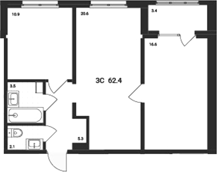 Планировка — Аэрополис, 3-комн., 59 м²