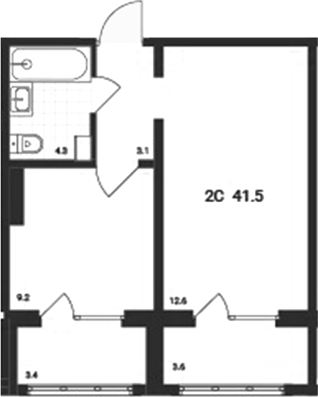 Планировка — Аэрополис, 2-комн., 35 м²
