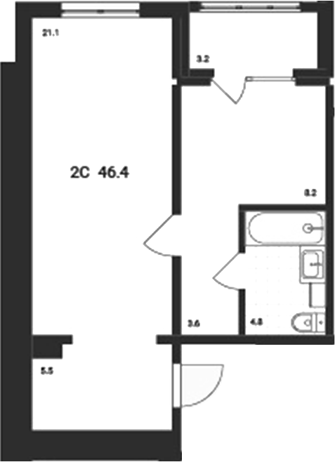 Планировка — Аэрополис, 2-комн., 43 м²