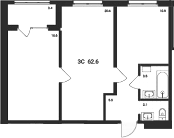 Планировка — Аэрополис, 3-комн., 59 м²