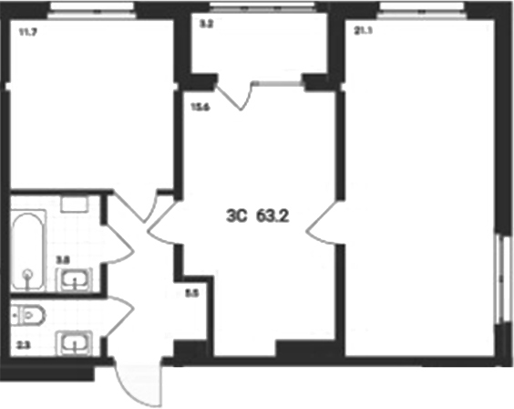 Планировка — Аэрополис, 3-комн., 60 м²