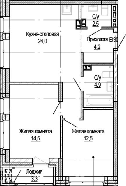 Планировка — Кварталы Немировича-2, 2-комн., 61 м²