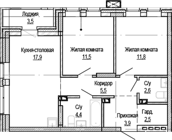 Планировка — Кварталы Немировича-2, 2-комн., 58 м²