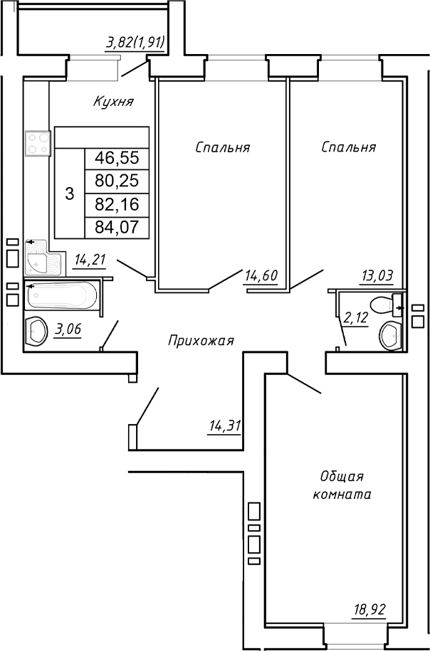 Планировка — Сиреневый квартал, 3-комн., 80 м²