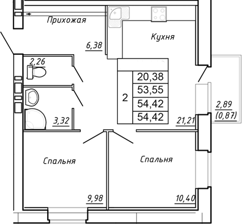 Планировка — Сиреневый квартал, 2-комн., 54 м²