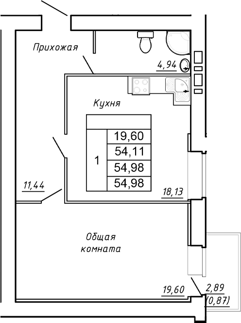 Планировка — Сиреневый квартал, 1-комн., 54 м²