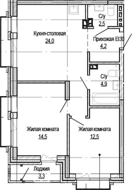 Планировка — Кварталы Немировича-2, 2-комн., 58 м²