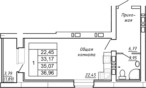 Планировка — Сиреневый квартал, Студия, 33 м²