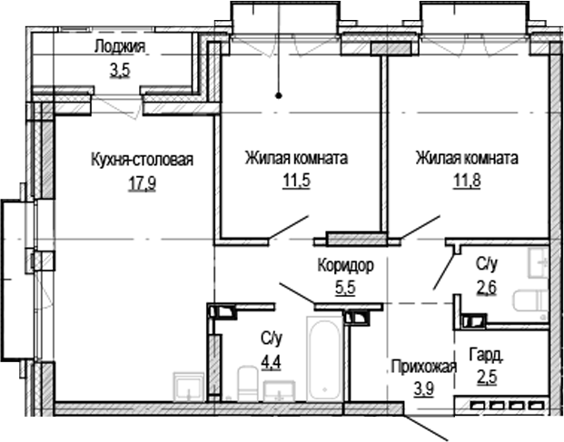 Планировка — Кварталы Немировича-2, 2-комн., 56 м²