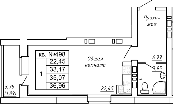 Планировка — Сиреневый квартал, Студия, 33 м²