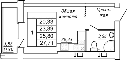 Планировка — Сиреневый квартал, Студия, 24 м²