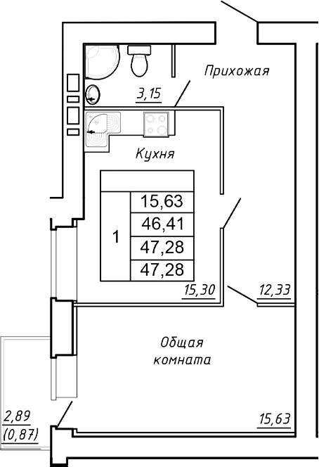 Планировка — Сиреневый квартал, 1-комн., 46 м²
