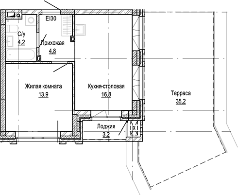 Планировка — Кварталы Немировича-2, 1-комн., 40 м²