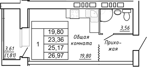 Планировка — Сиреневый квартал, Студия, 23 м²