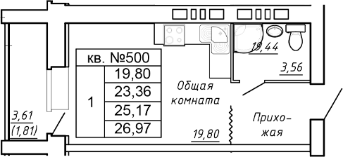 Планировка — Сиреневый квартал, Студия, 23 м²