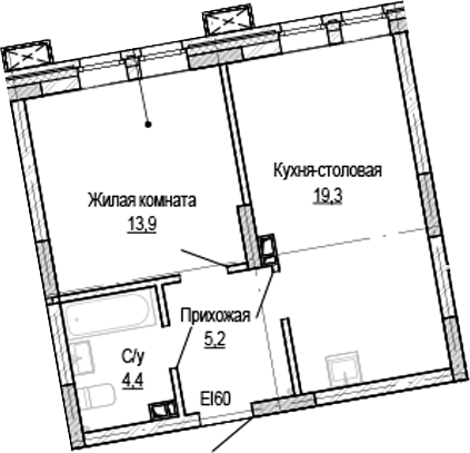 Планировка — Кварталы Немировича-2, 1-комн., 43 м²