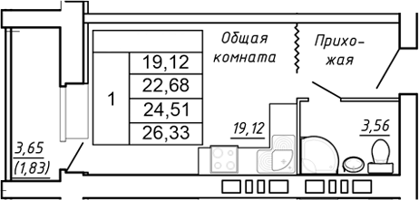 Планировка — Сиреневый квартал, Студия, 23 м²