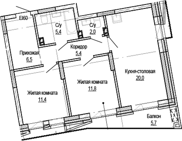 Планировка — Кварталы Немировича-2, 2-комн., 63 м²