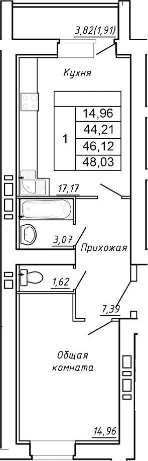 Планировка — Сиреневый квартал, 1-комн., 44 м²