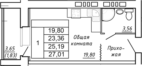 Планировка — Сиреневый квартал, Студия, 23 м²