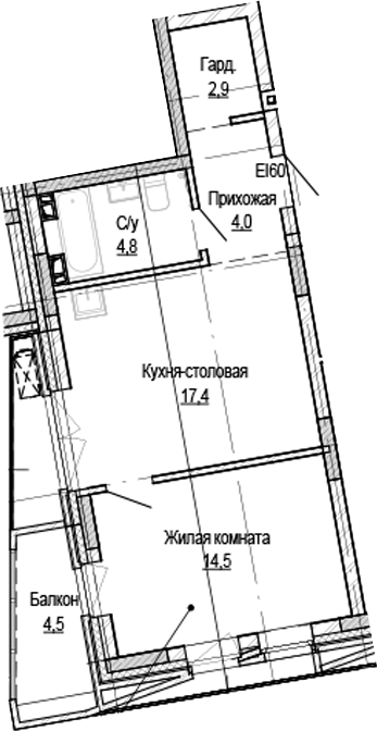 Планировка — Кварталы Немировича-2, 1-комн., 44 м²