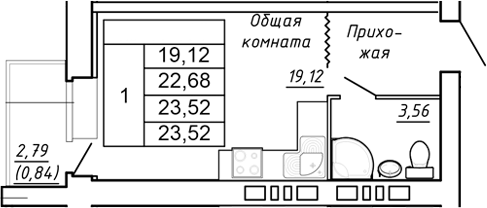 Планировка — Сиреневый квартал, Студия, 23 м²